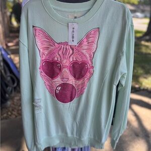 Simply Southern Light Green Sweatshirt with Pink Cat Design